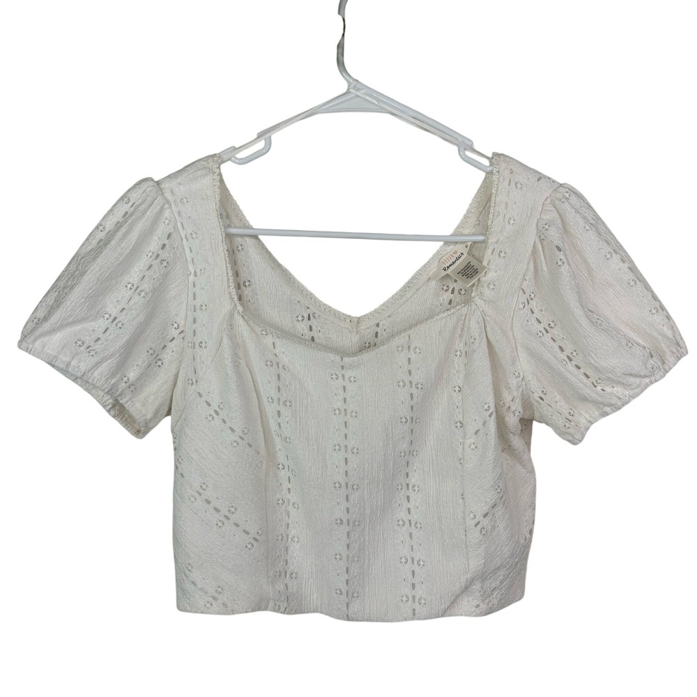 White Eyelet Crop Top LRG Puff Sleeve Square Neck Peasant Boho Cottage Coaquette